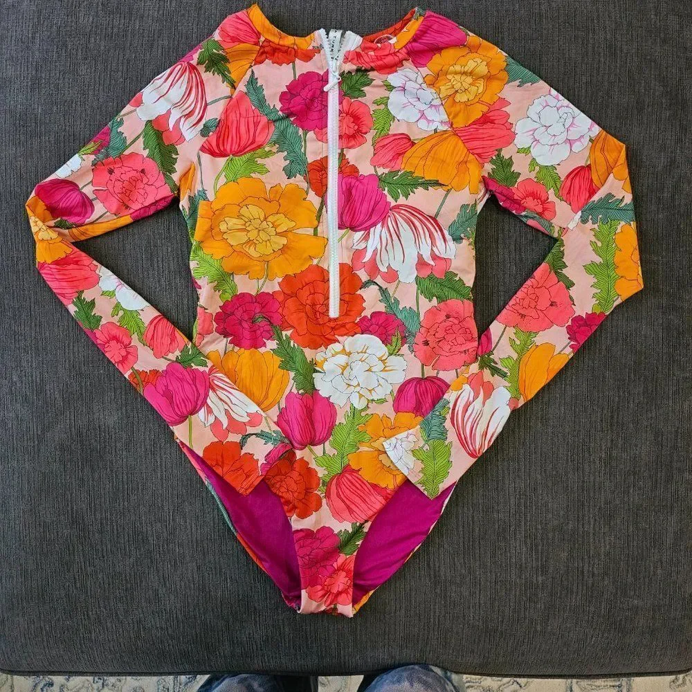 Trina Turk Women's Floral Print Long Sleeves Paddle Suit Swimsuit Size large